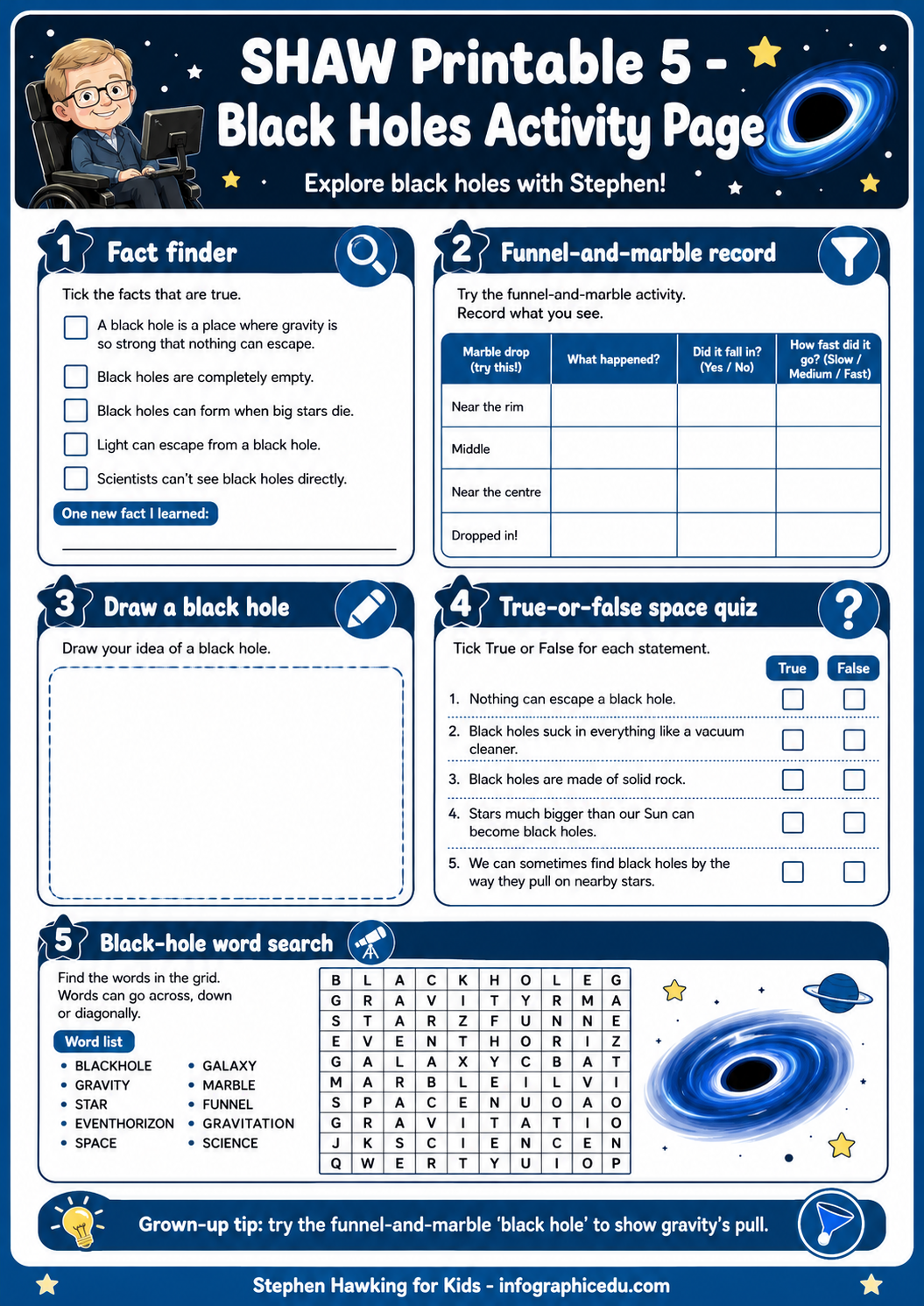 SHAW Printable 5 Black Holes Activity Page with educational content on a blue background