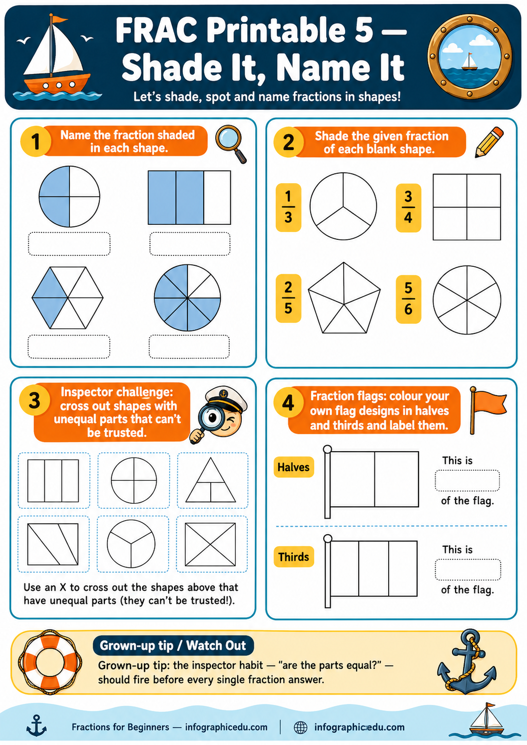Educational worksheet for teaching fractions with a nautical theme, including shapes and fraction flags.
