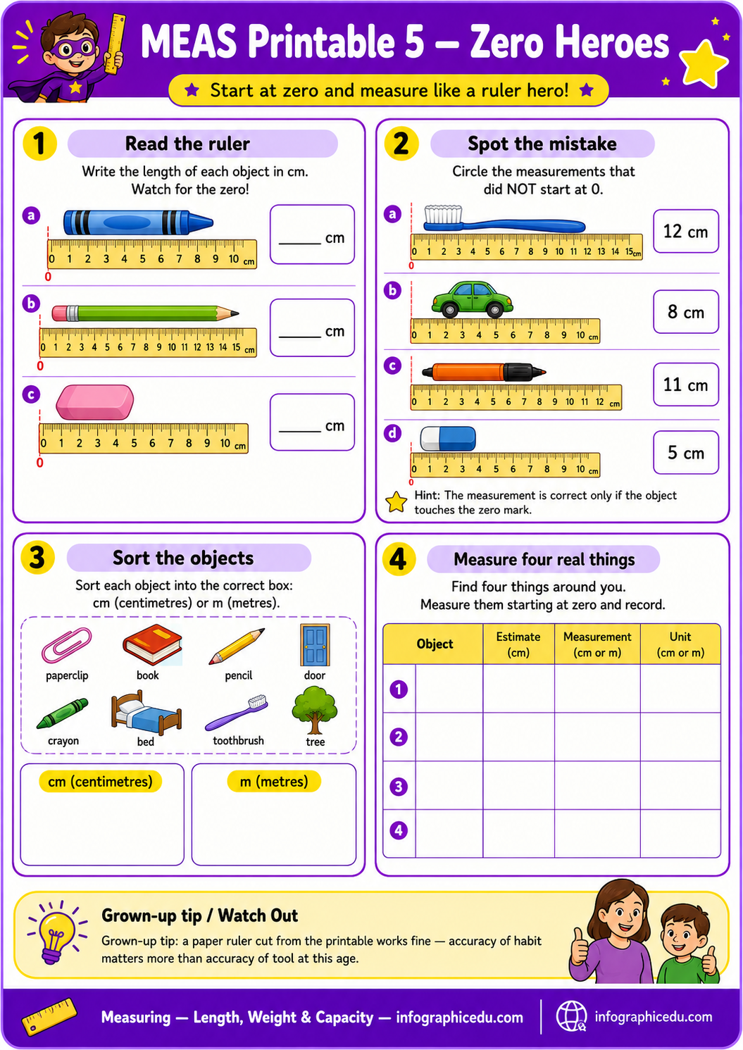 Educational worksheet titled 'MEAS Printable 5 - Zero Heroes' with measurement activities.