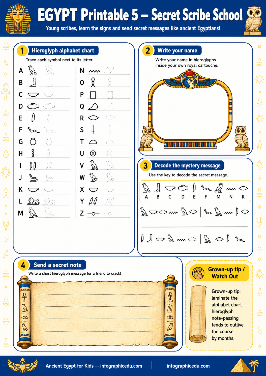 Egyptian hieroglyphics educational worksheet for children with a chart, writing prompt, and decoding activity.