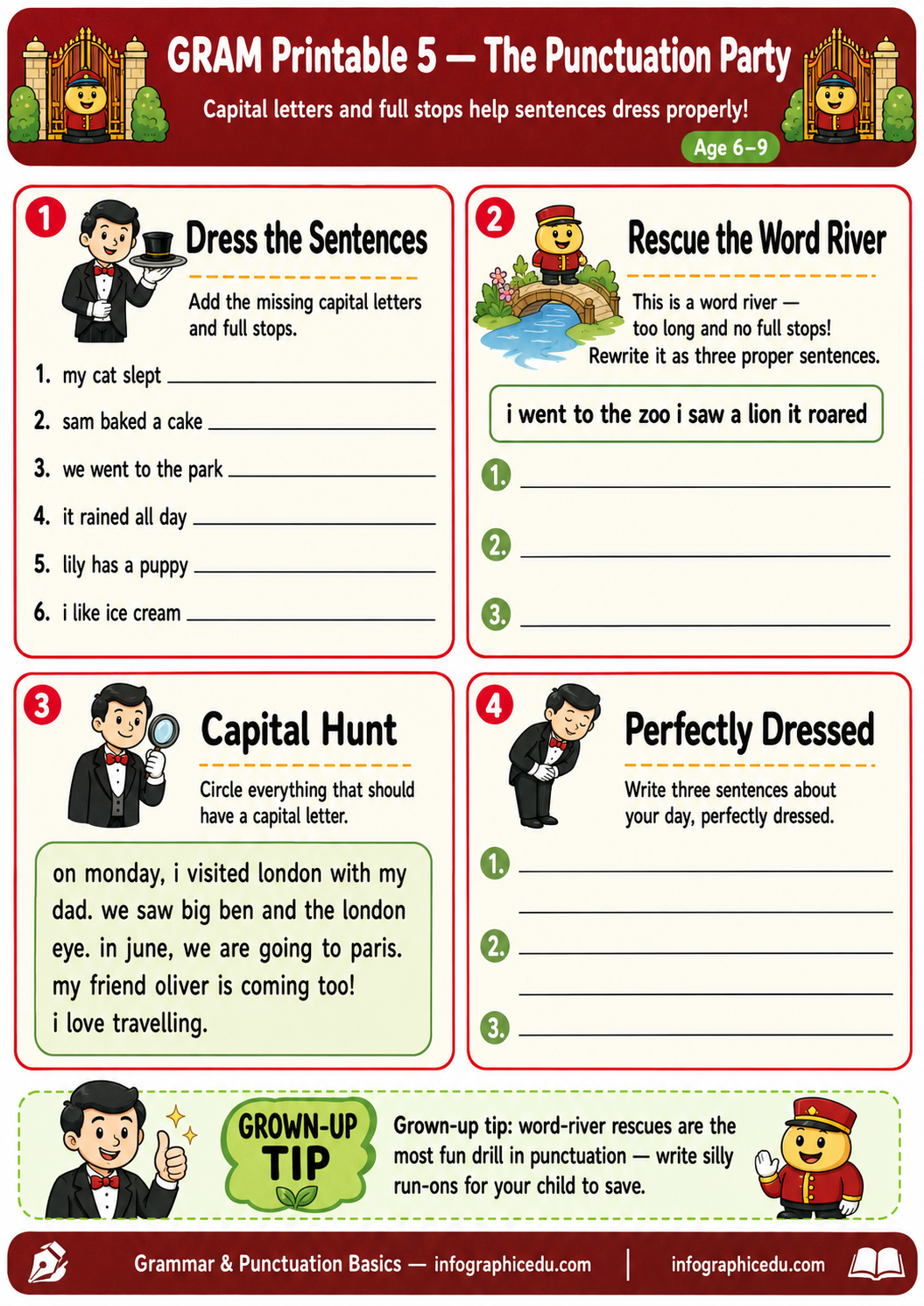 Educational worksheet for children on punctuation and capitalization with graphics and text.