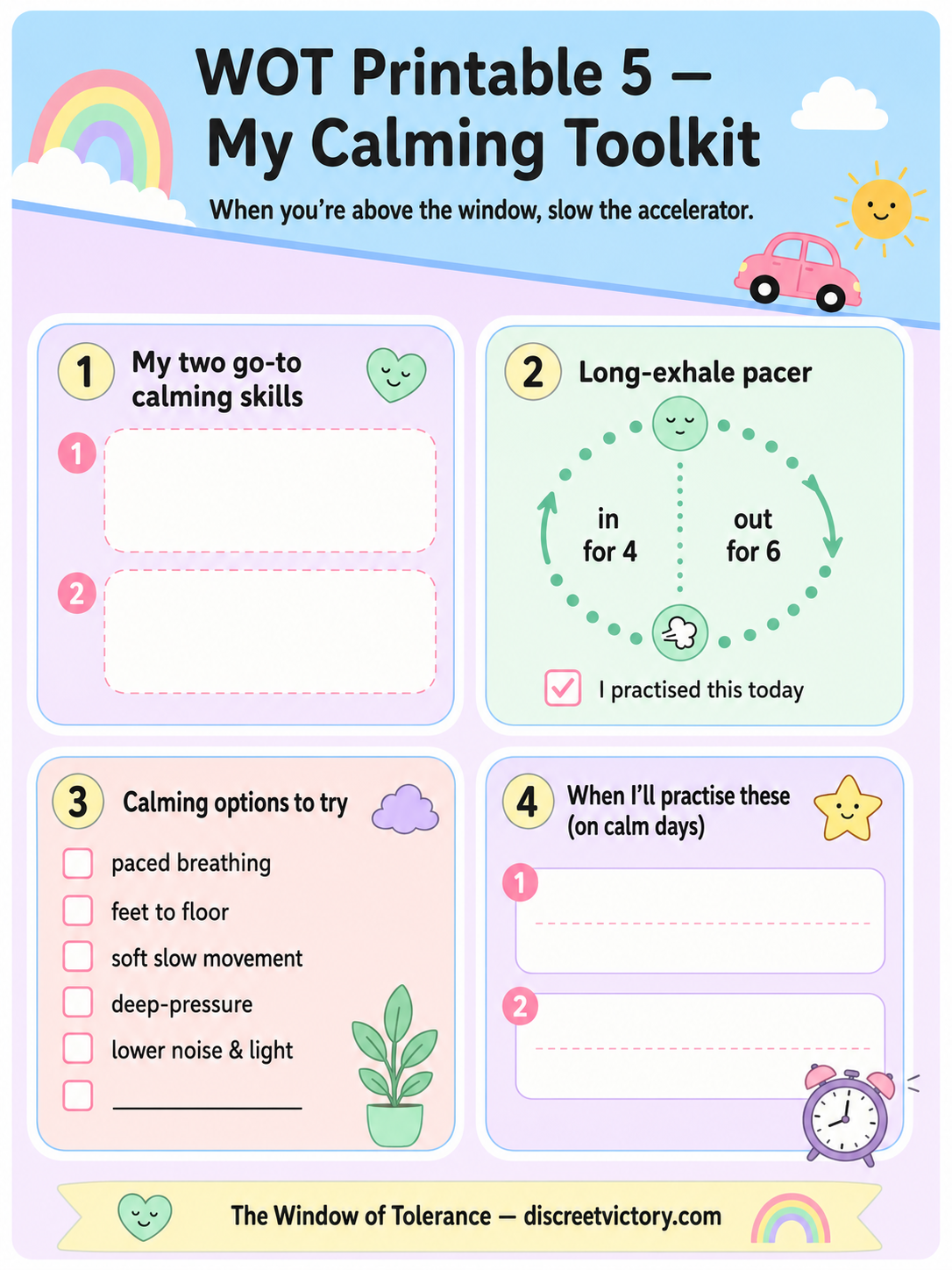 Calming toolkit worksheet with colorful design and text on a blue background