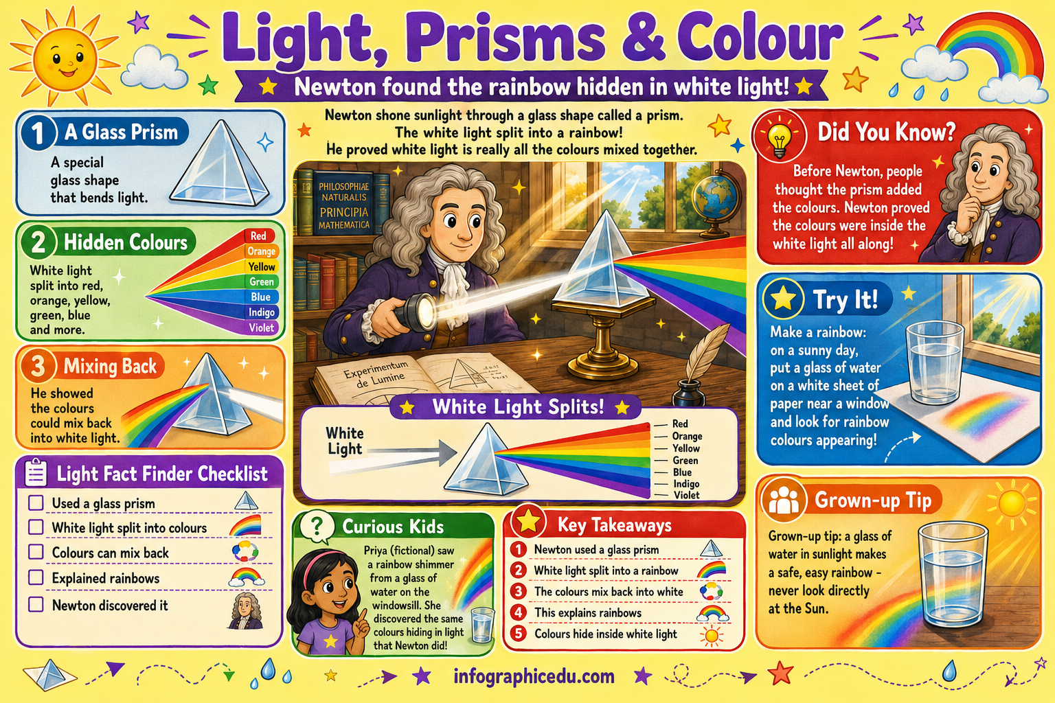 Educational poster about light, prisms, and color with Newton's experiment illustration.