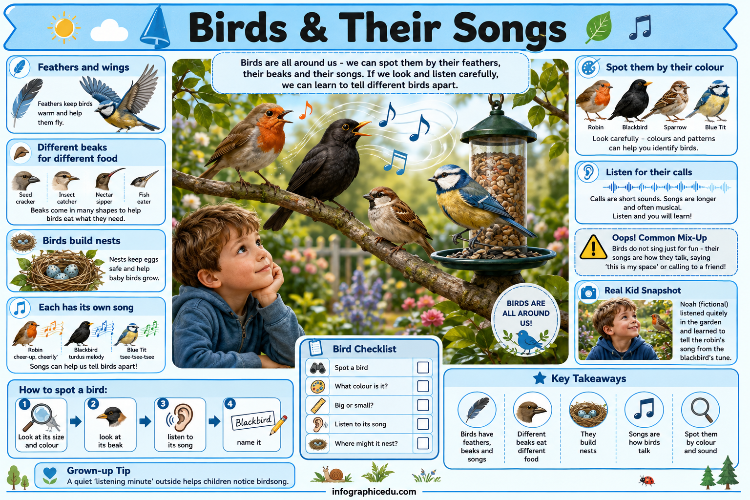 Educational poster about birds and their songs with illustrations and text.