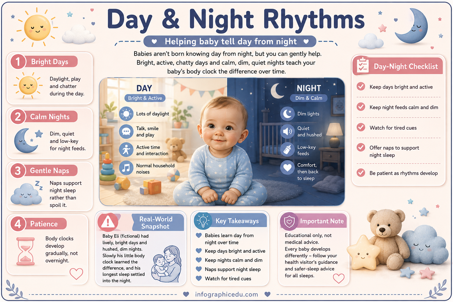 Infographic on day and night rhythms for babies with illustrations and text.