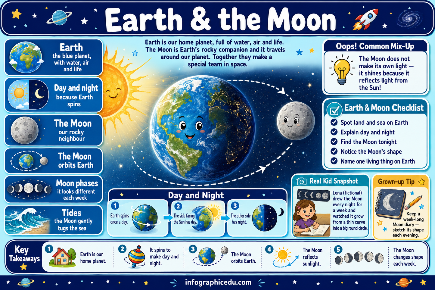 Educational poster about Earth and the Moon with various facts and illustrations.