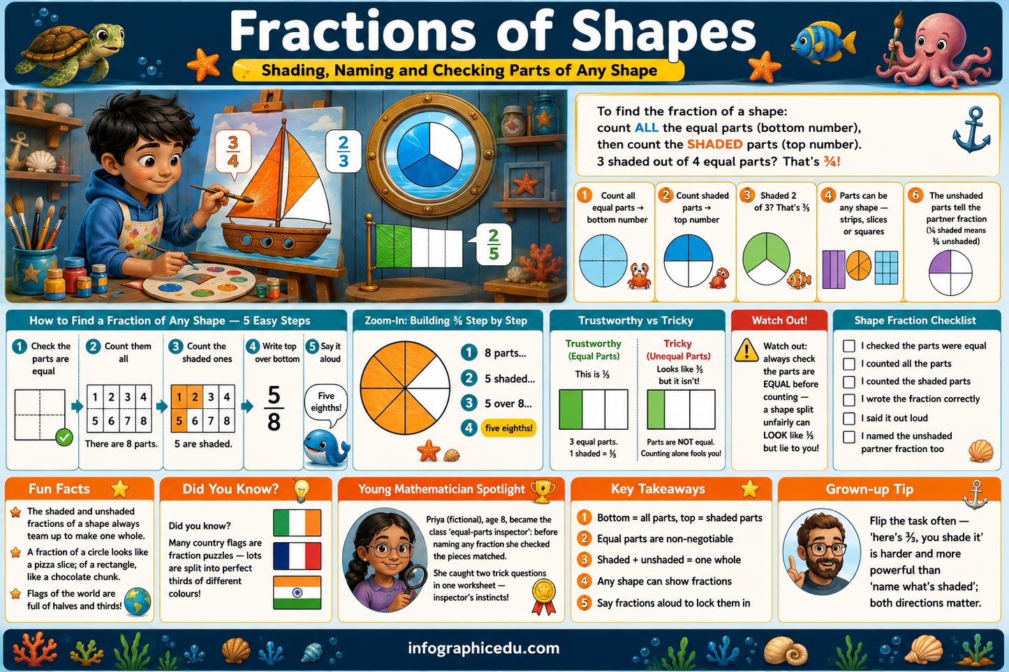 Educational poster about fractions of shapes with a child at a desk and various mathematical illustrations.