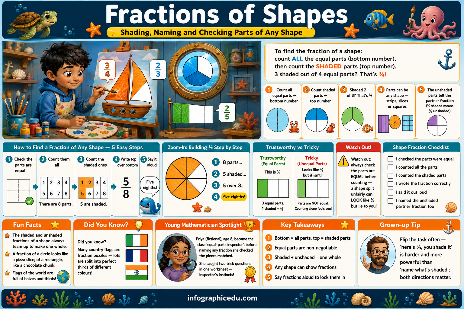 Educational poster about fractions of shapes with a child at a desk and various mathematical illustrations.