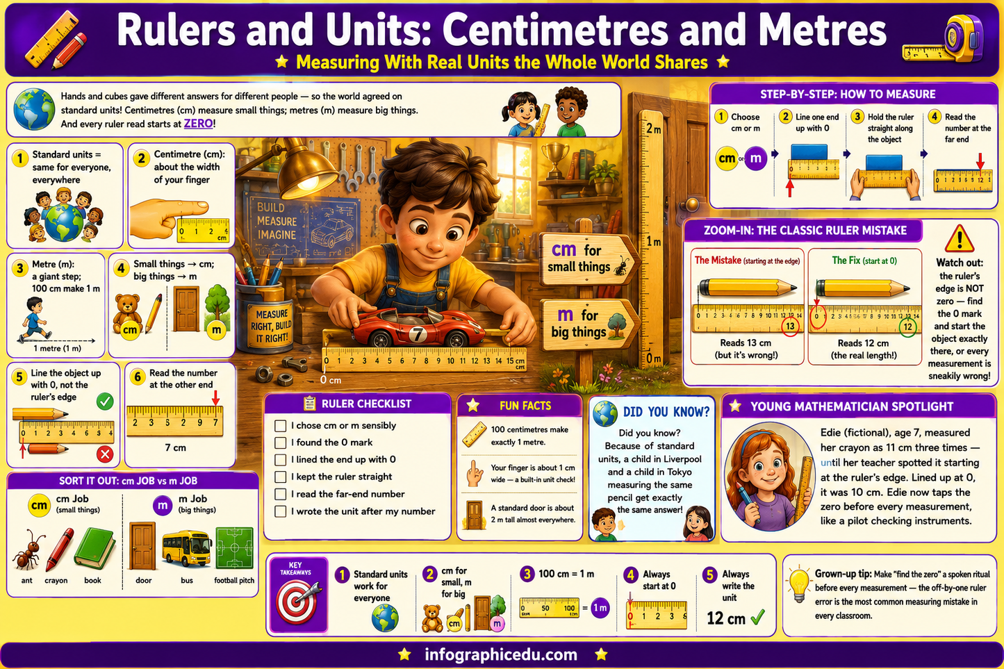 Educational poster about rulers and units, specifically centimetres and metres, with a child using a ruler.