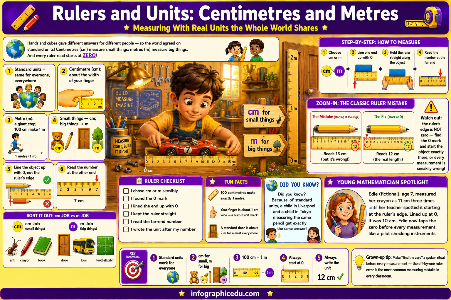 Educational poster about rulers and units, specifically centimetres and metres, with a child using a ruler.