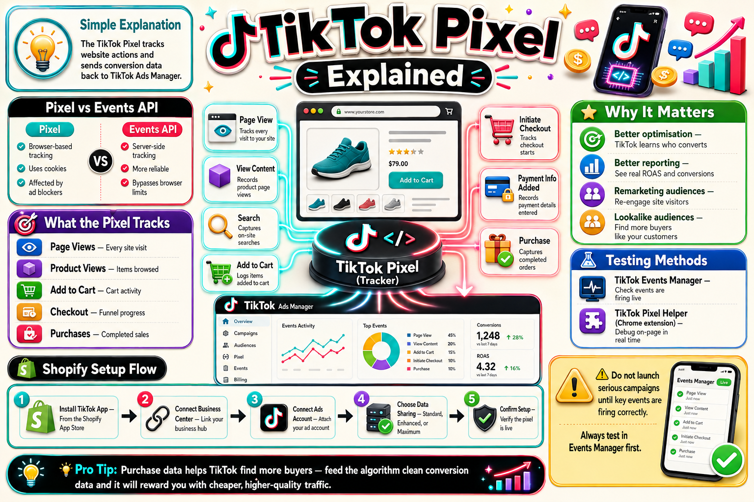 Infographic explaining TikTok Pixel with various elements and icons.