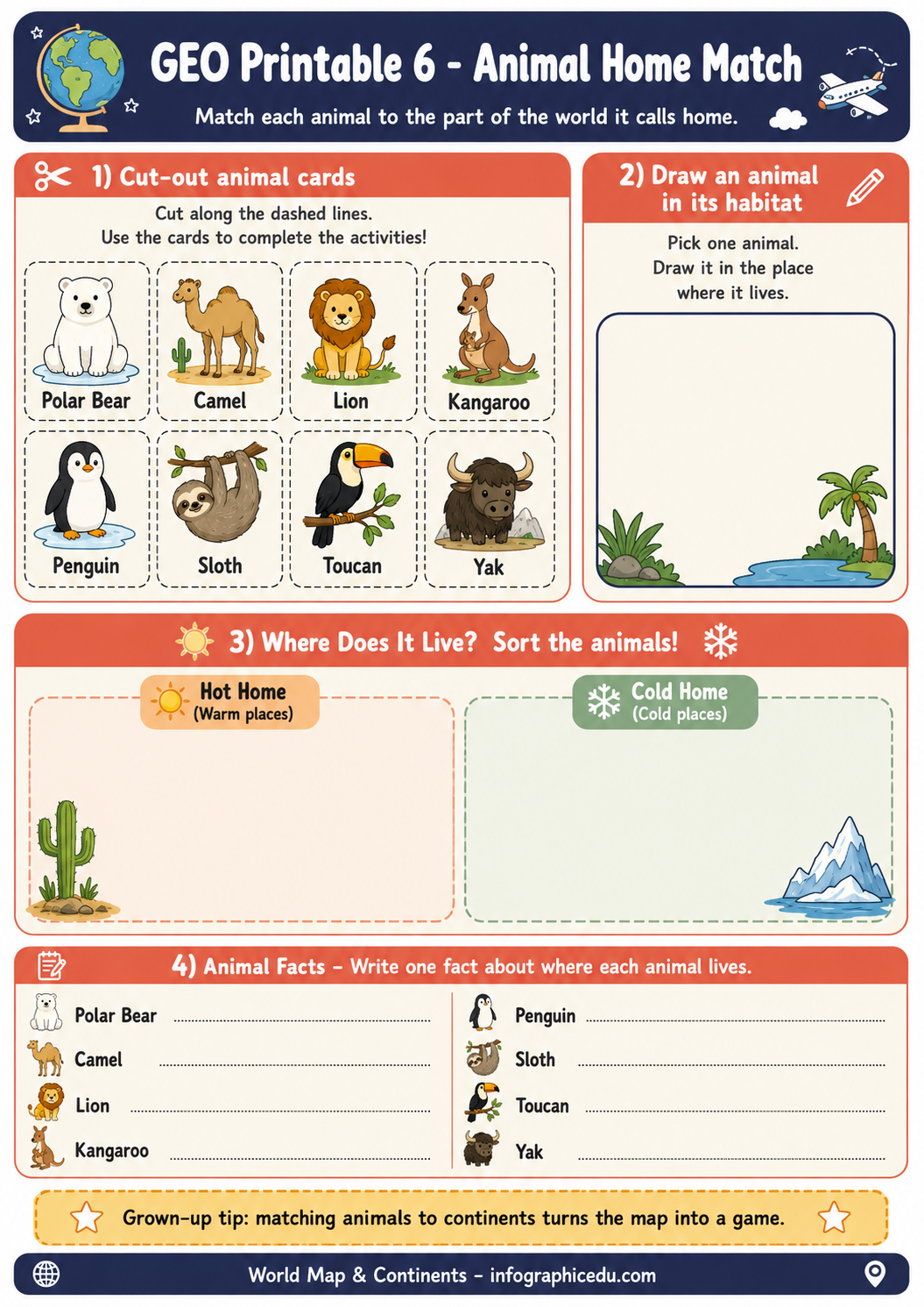 Educational worksheet for matching animals to their habitats and homes