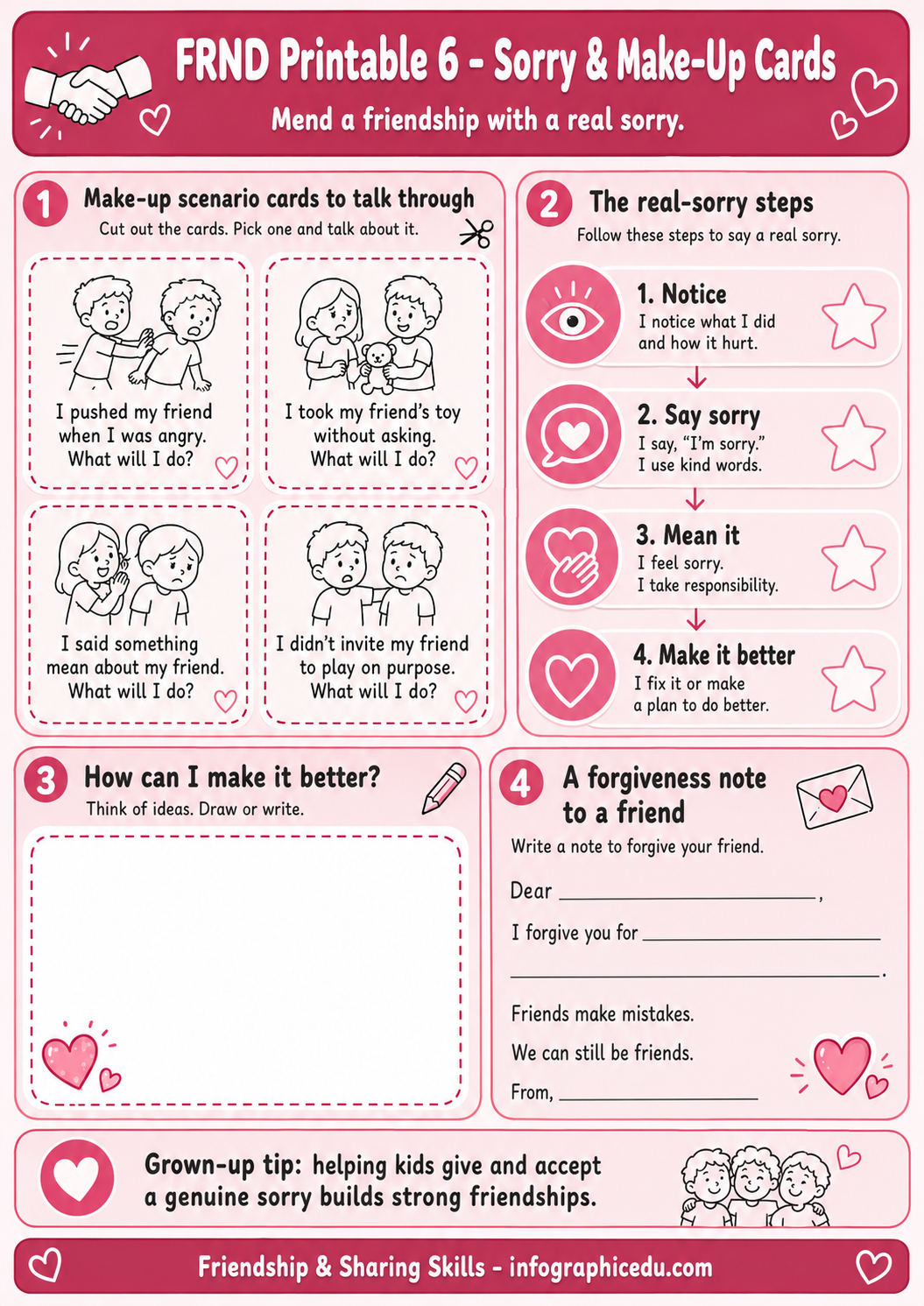 Instructions for making-up and sorry cards with illustrations and text on a pink background.