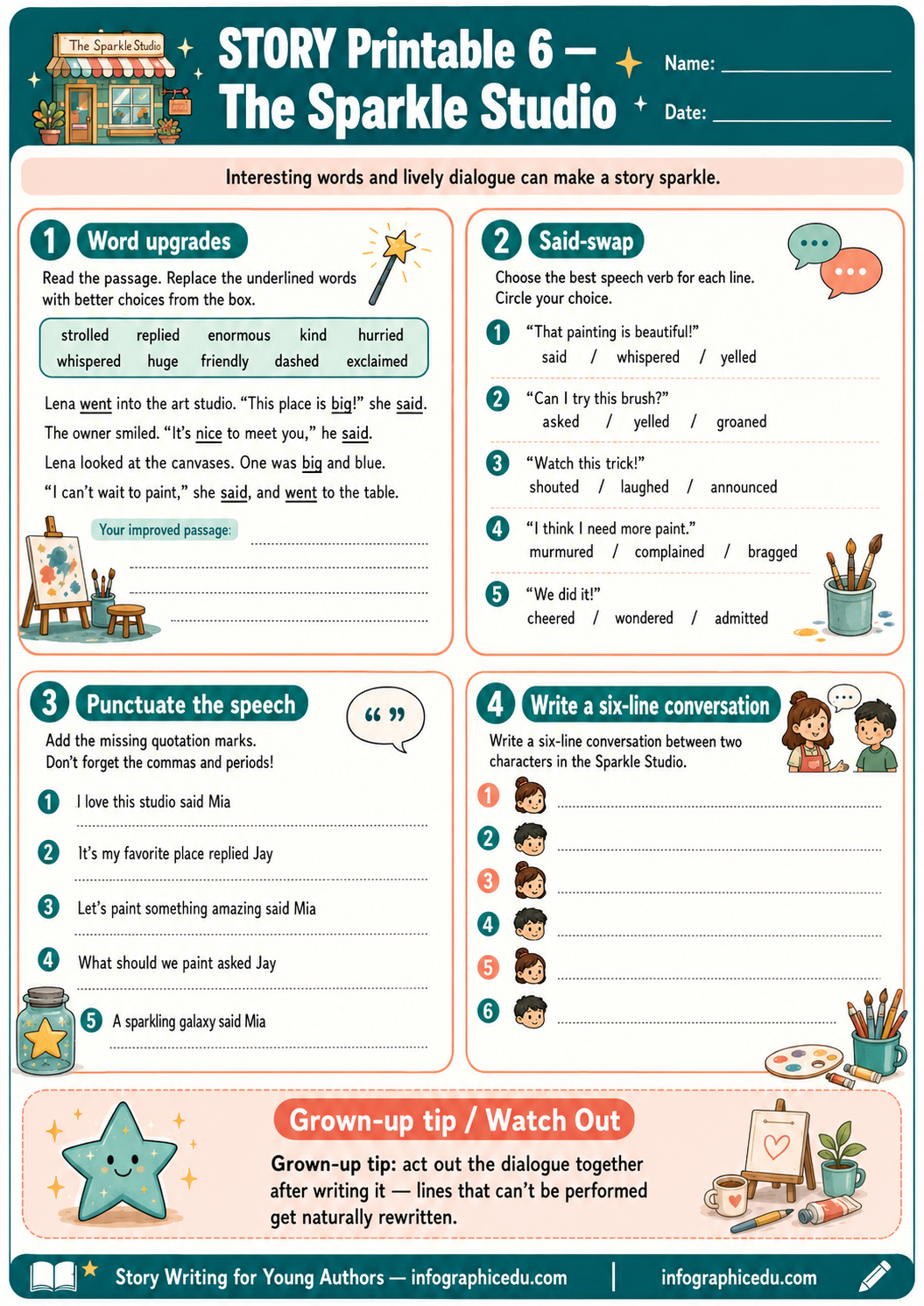 Educational worksheet from The Sparkle Studio with various activities for young authors.