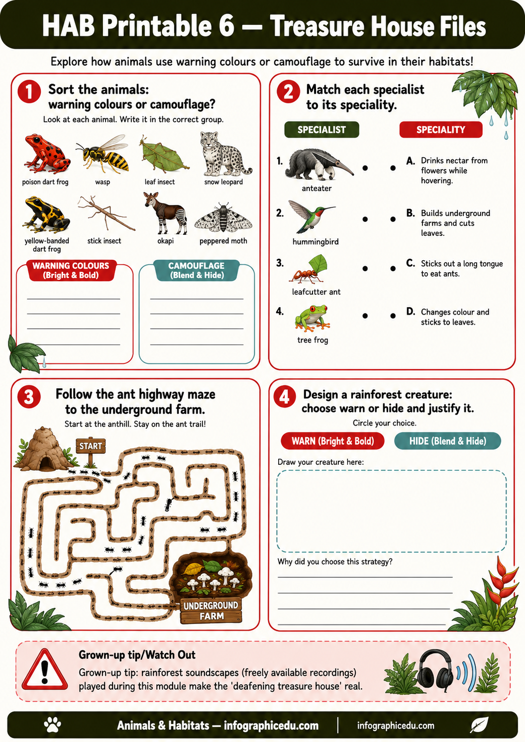 Educational worksheet on animals and their habitats with sorting, matching, and maze activities.