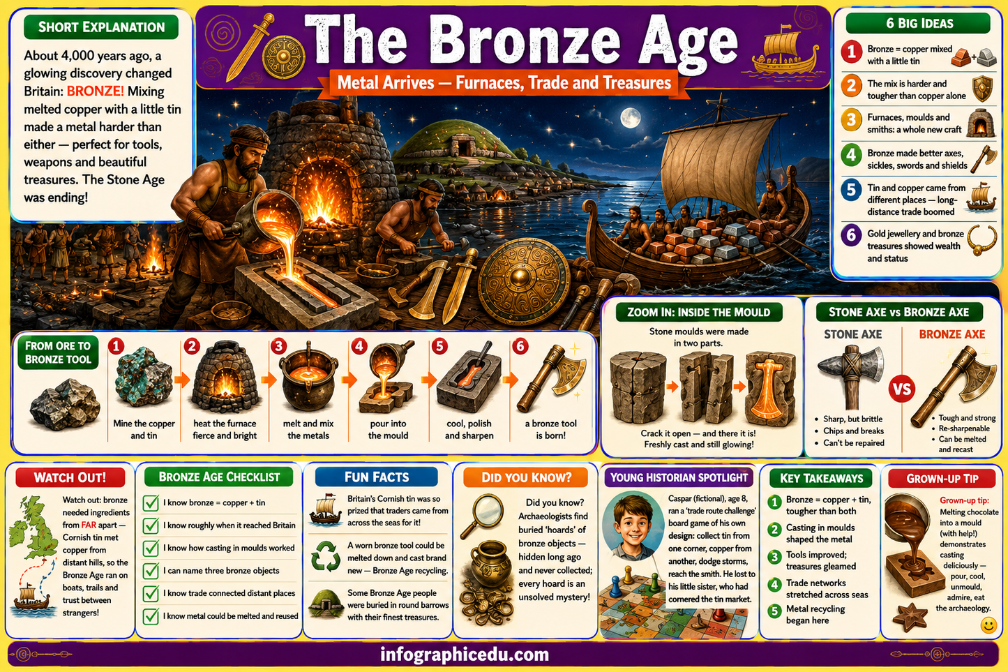 Educational poster about the Bronze Age with images and text on metalworking and tools.