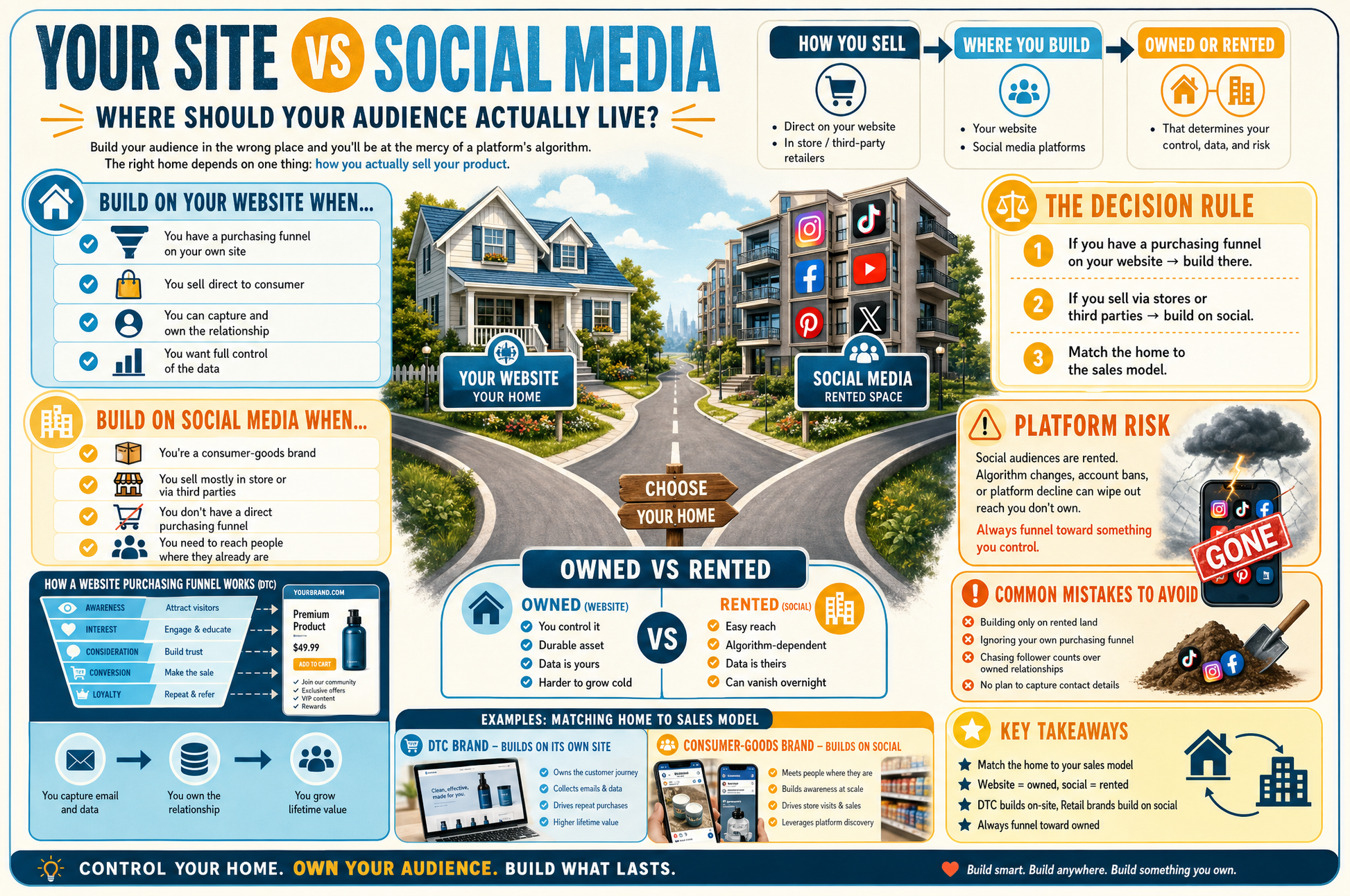 Infographic comparing website and social media strategies for business growth.