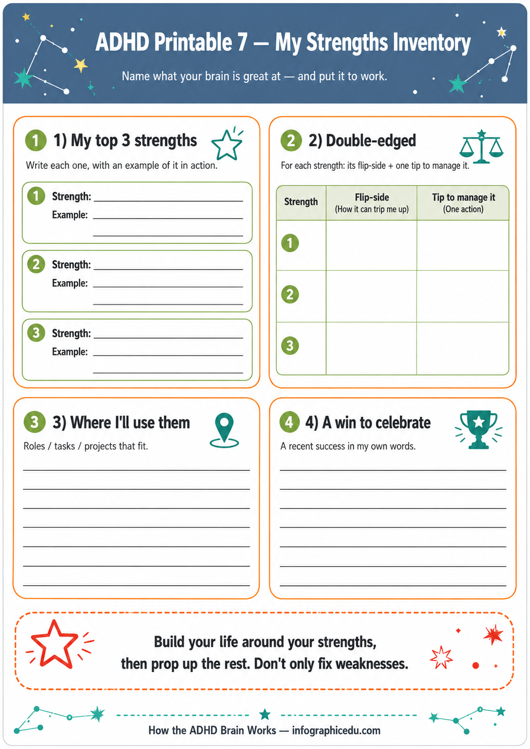 ADHD Printable strengths inventory worksheet with a blue border and star graphics.