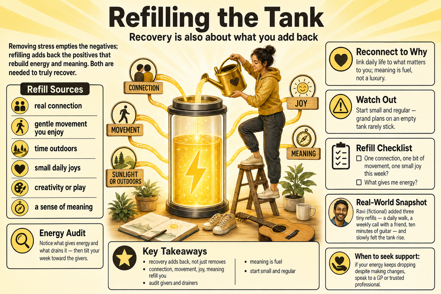 Infographic on refilling the tank with recovery and positivity.
