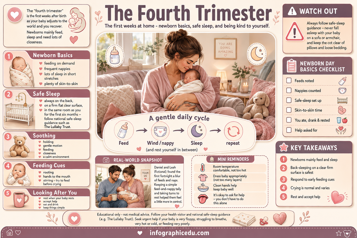 Infographic on the Fourth Trimester of a newborn's life, covering newborn basics, safe sleep, and daily routines.