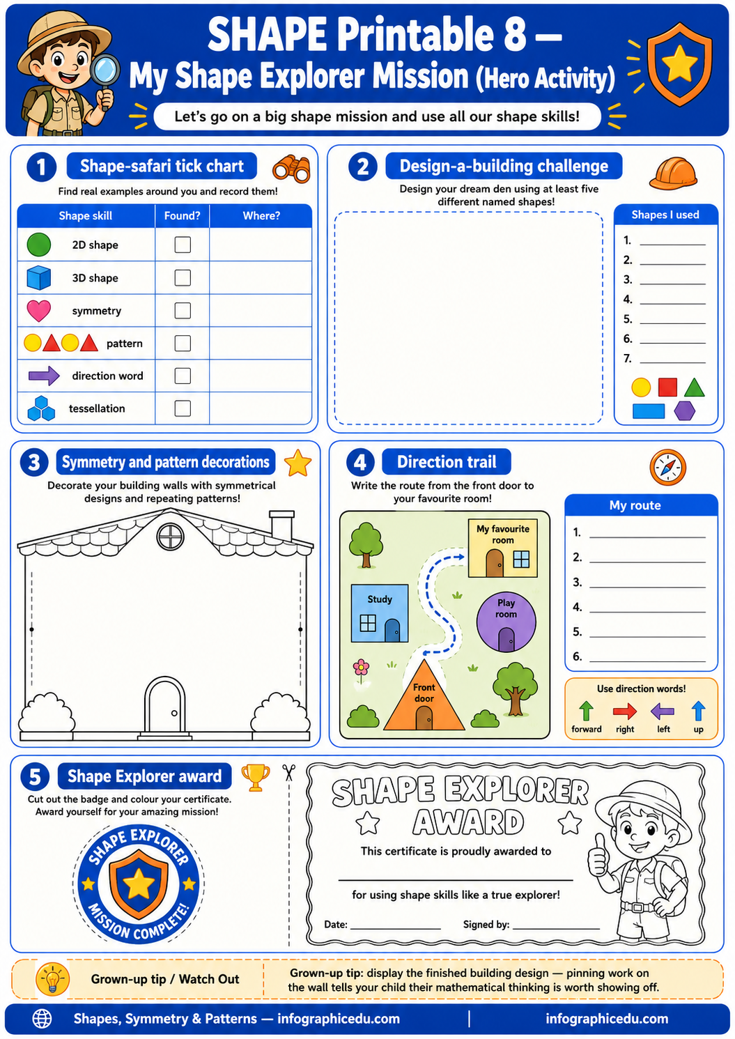 Shape Explorer Mission activity sheet with various shape-related tasks and a certificate.