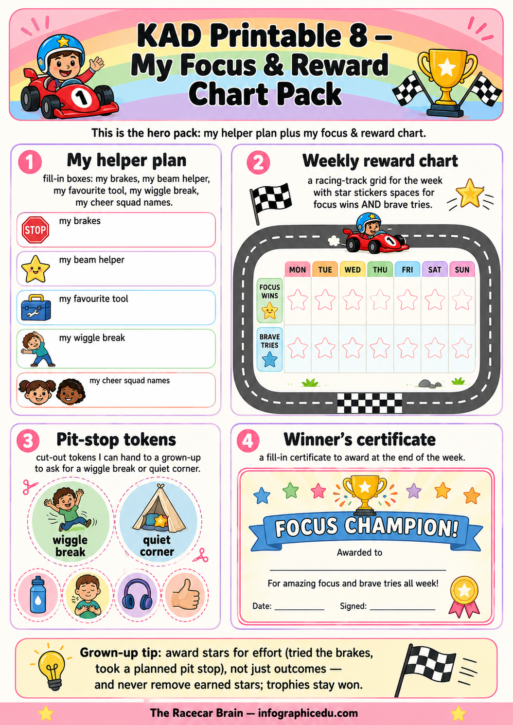 KAD Printable 8 focus and reward chart pack with colorful design and racing theme.