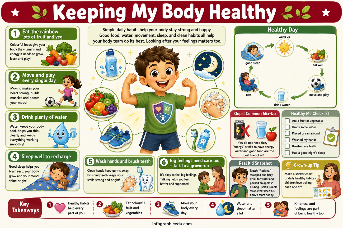 Educational poster on keeping the body healthy with a cartoon boy and various health tips.