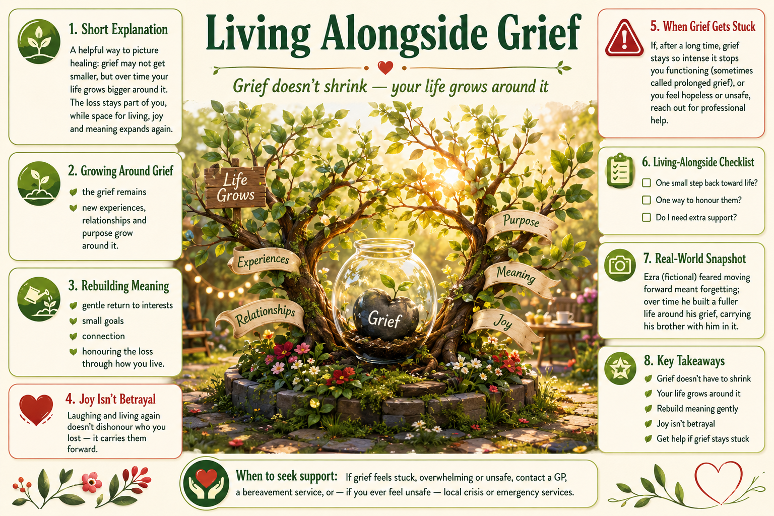 Educational poster about living alongside grief with a scenic background of a jar with a tree inside.