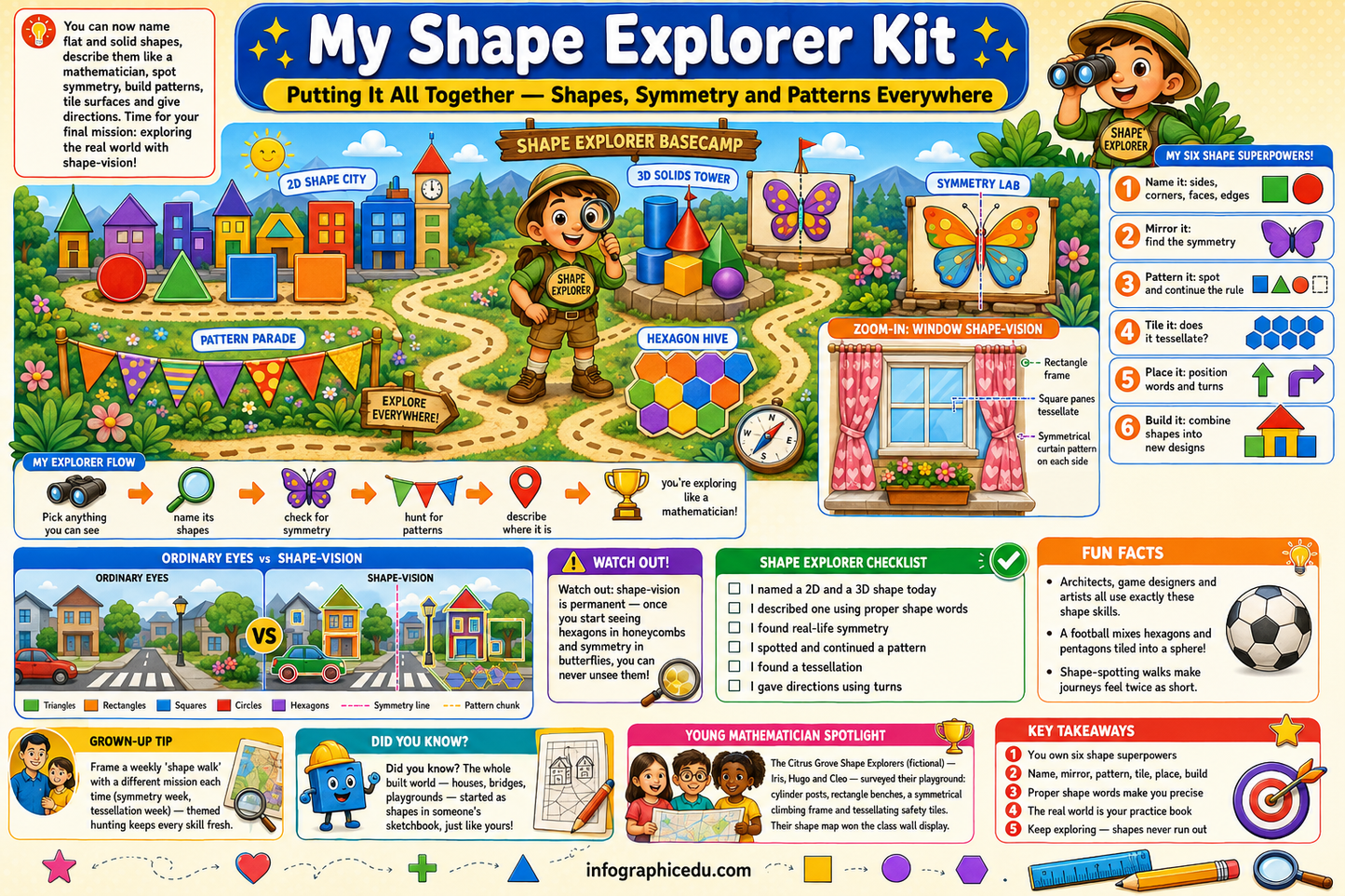 My Shape Explorer Kit educational poster with shapes, symmetry, and patterns.
