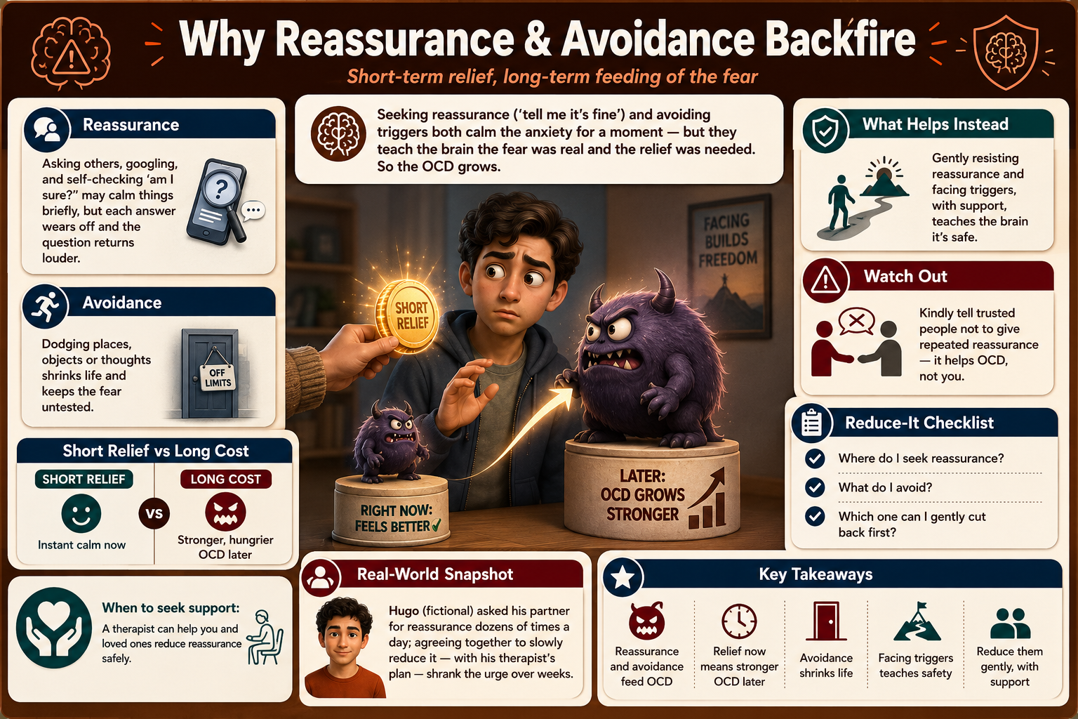 Educational infographic about reassurance and avoidance backfiring on OCD, featuring a character with a creature and text.