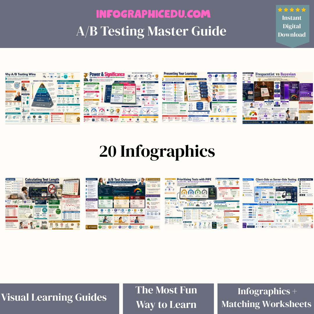 Promotional image of Infographic Edu A/B Testing Master Guide with multiple infographics displayed.