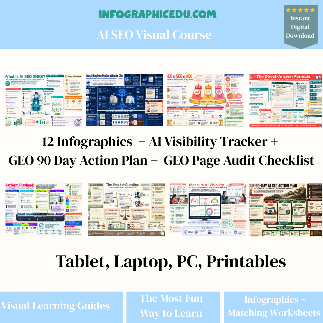 Promotional image of an AI SEO visual course with infographics and tools on a white background.