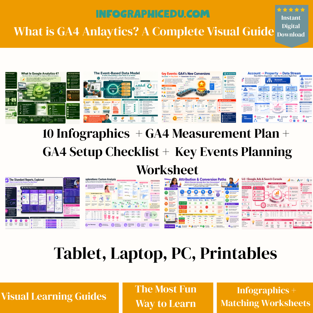 Promotional image for 'What is GA4 Analytics? A Complete Visual Guide' with infographics and resources.