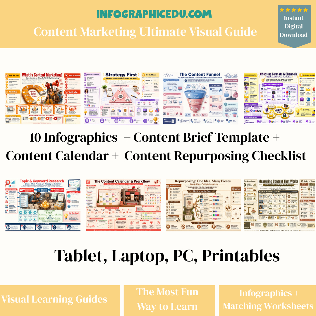 Promotional image for Infographic Edu's Content Marketing Ultimate Visual Guide with various infographics and templates.