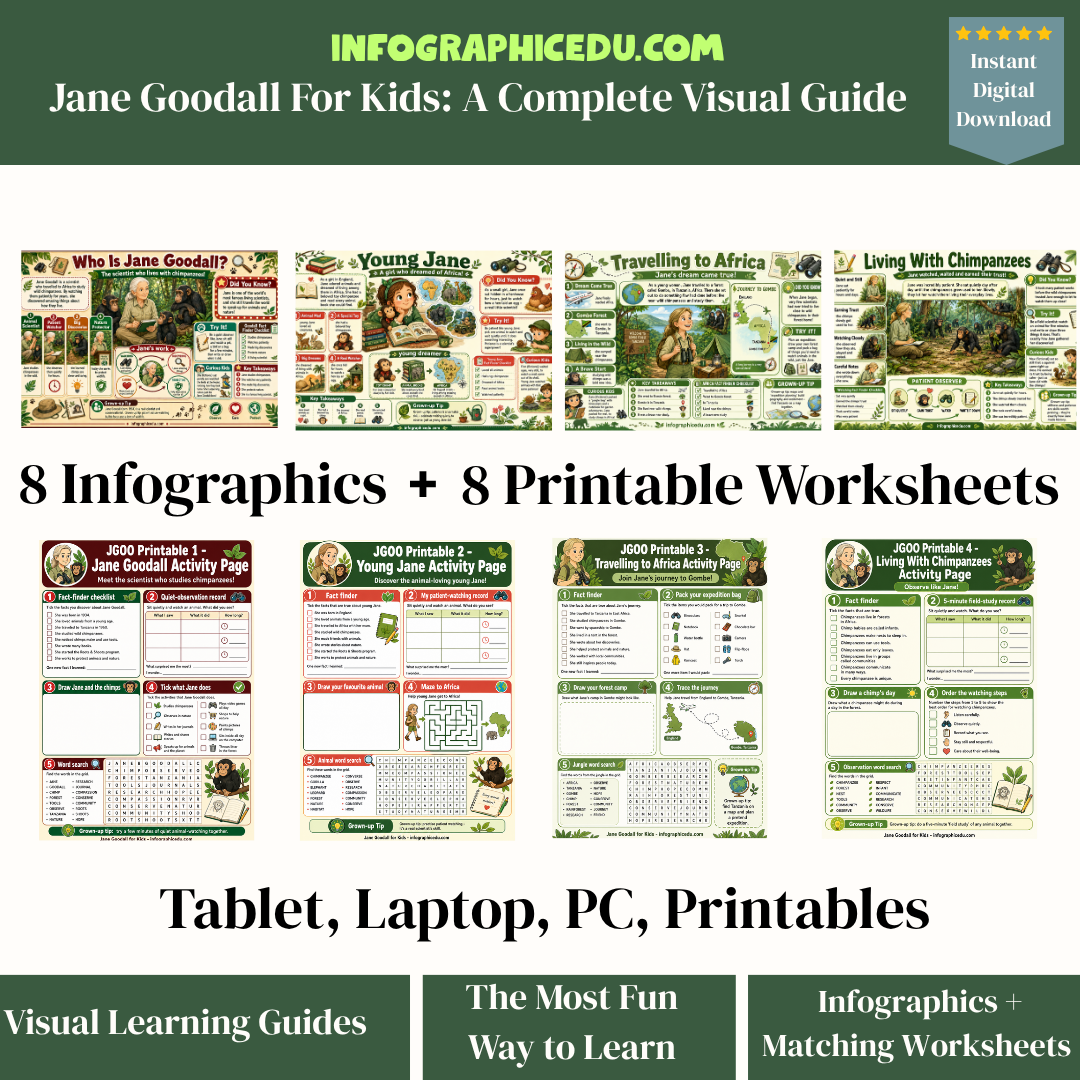Educational materials for children featuring infographics and worksheets on a white background.