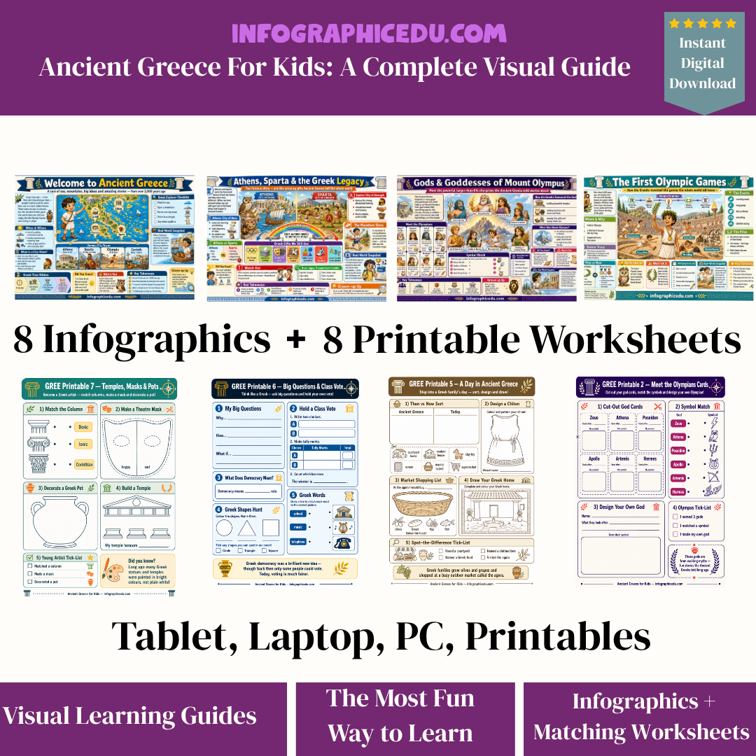 Educational materials for ancient Greece including infographics and worksheets on a white background.