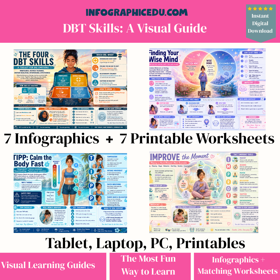 DBT Skills Visual Guide with infographics and worksheets on a pink background
