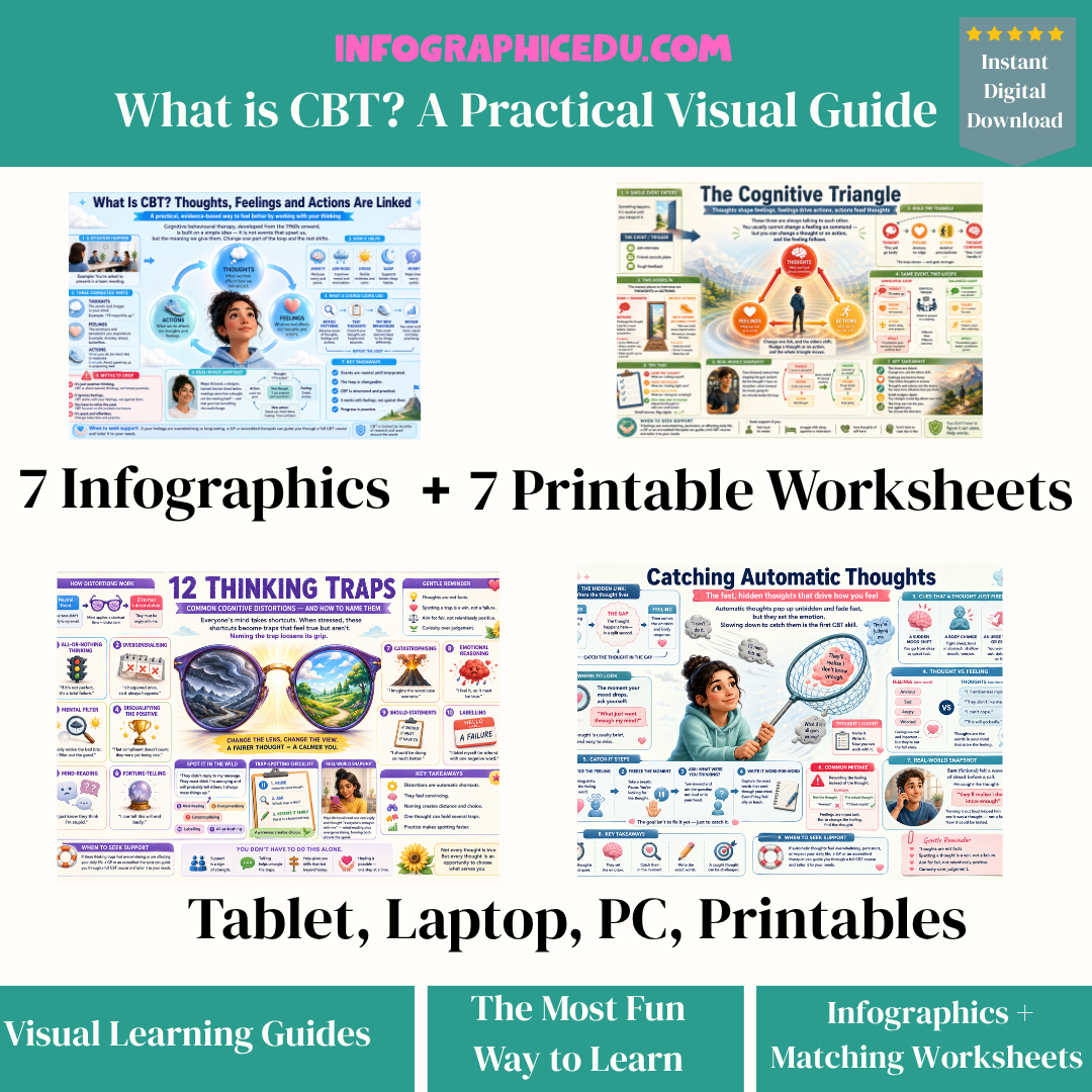 Promotional image for CBT educational materials with infographics and worksheets on a white background.