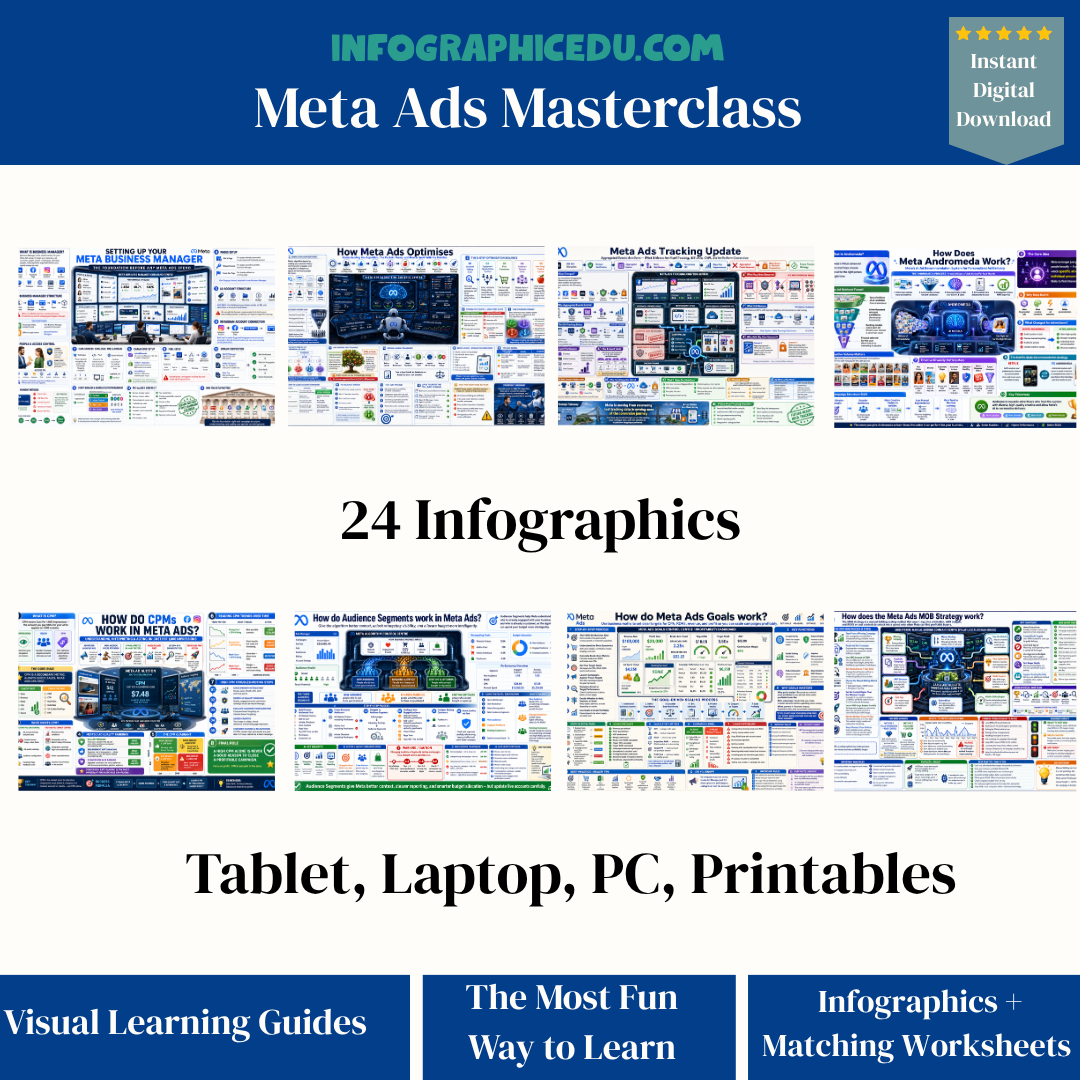 Meta Ads Masterclass with 24 infographics for tablet, laptop, PC, and printables from Infographic Edu.