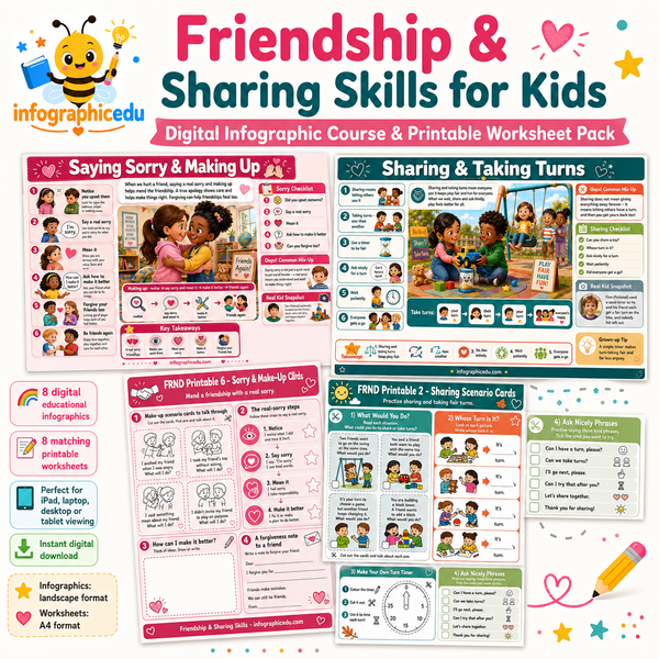 Friendship & Sharing Skills for Kids – Kids Digital Infographic Course & Printable Worksheet Pack