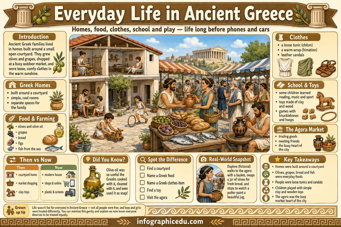 Educational infographic about everyday life in ancient Greece