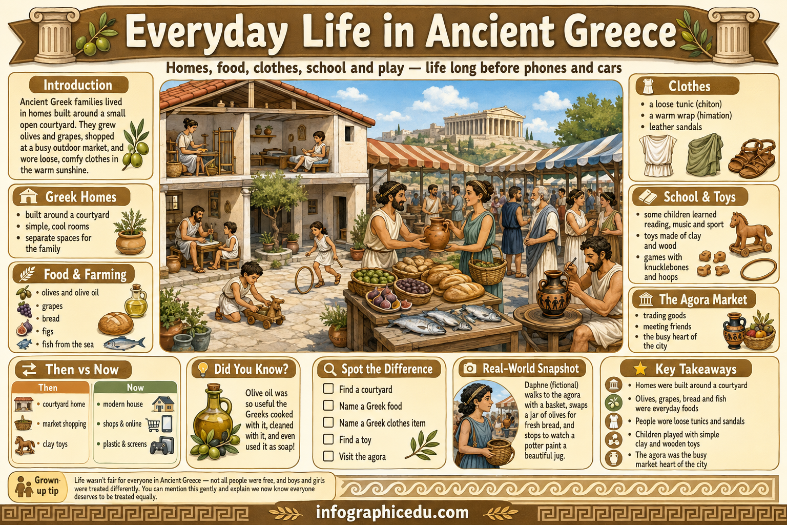 Educational infographic about everyday life in ancient Greece