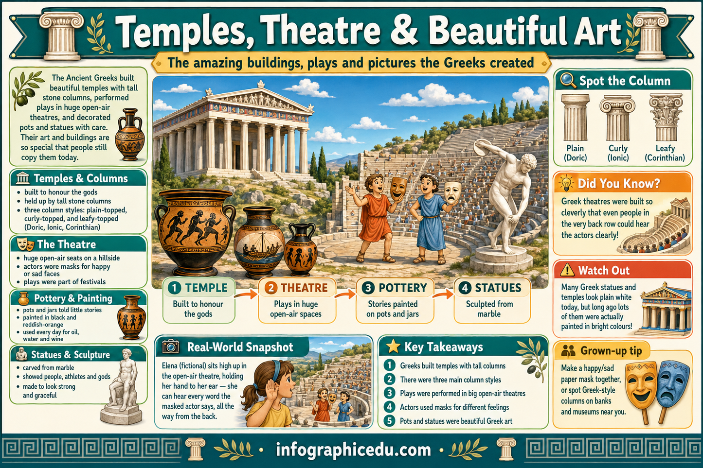 Educational infographic about ancient Greek temples, theatre, and art.