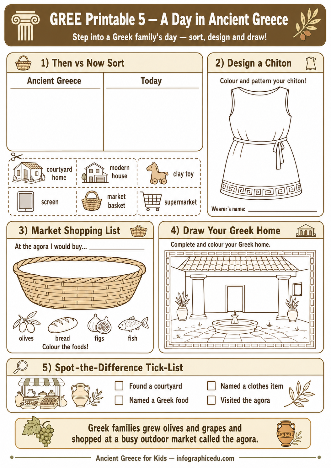 Educational worksheet about a day in ancient Greece with activities like sorting, designing, and drawing.