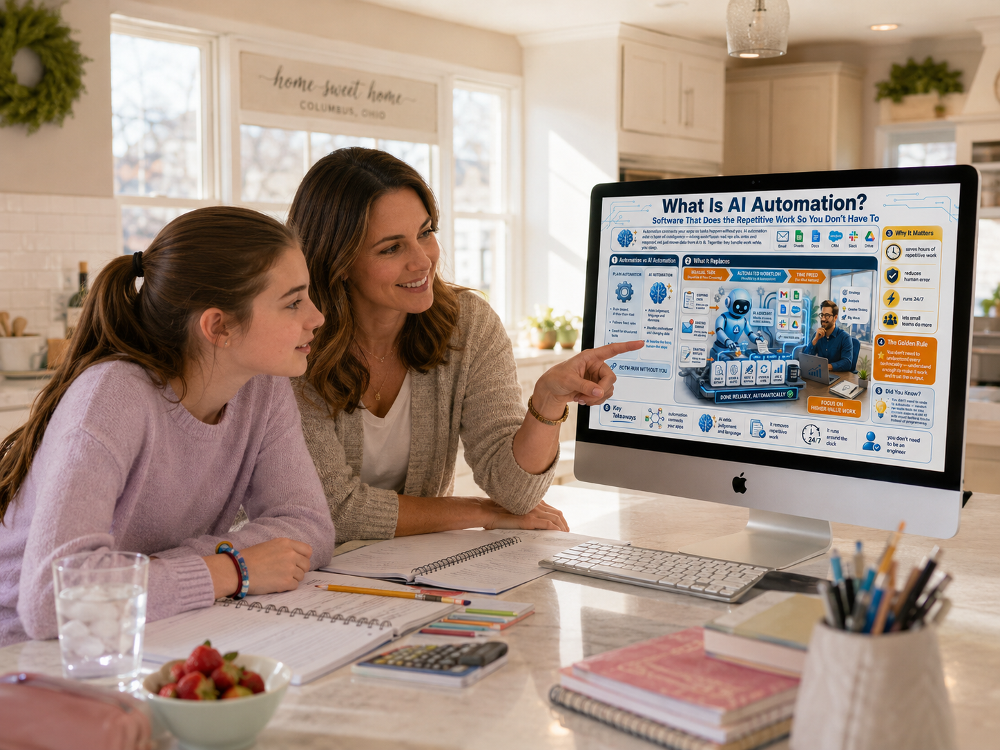 Two women in a kitchen looking at a computer screen with educational content on AI Automation.