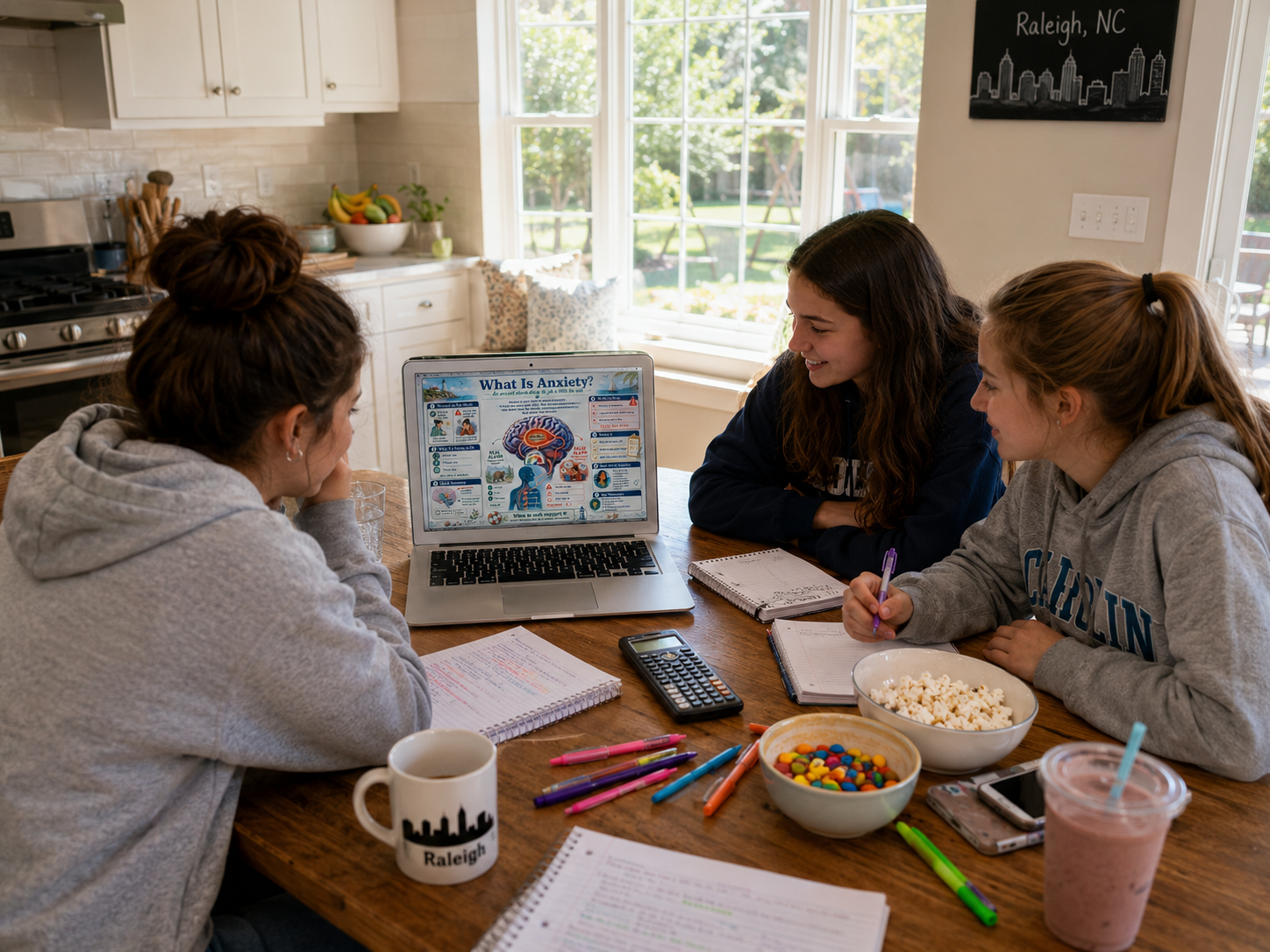 Three people sitting around a table with a laptop, snacks, and stationery in a kitchen.