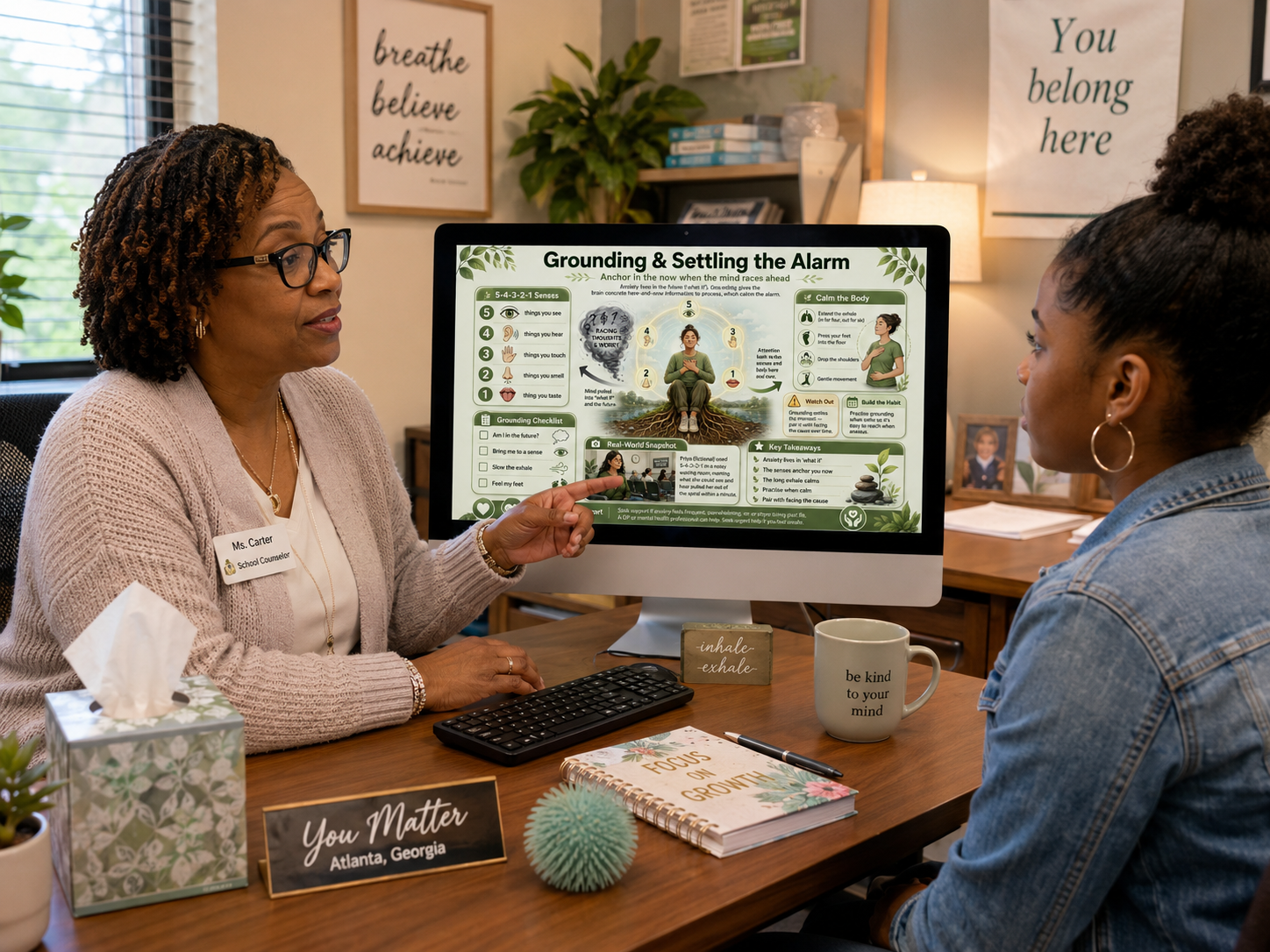 Two women in a professional setting with a computer screen displaying a mental health resource.