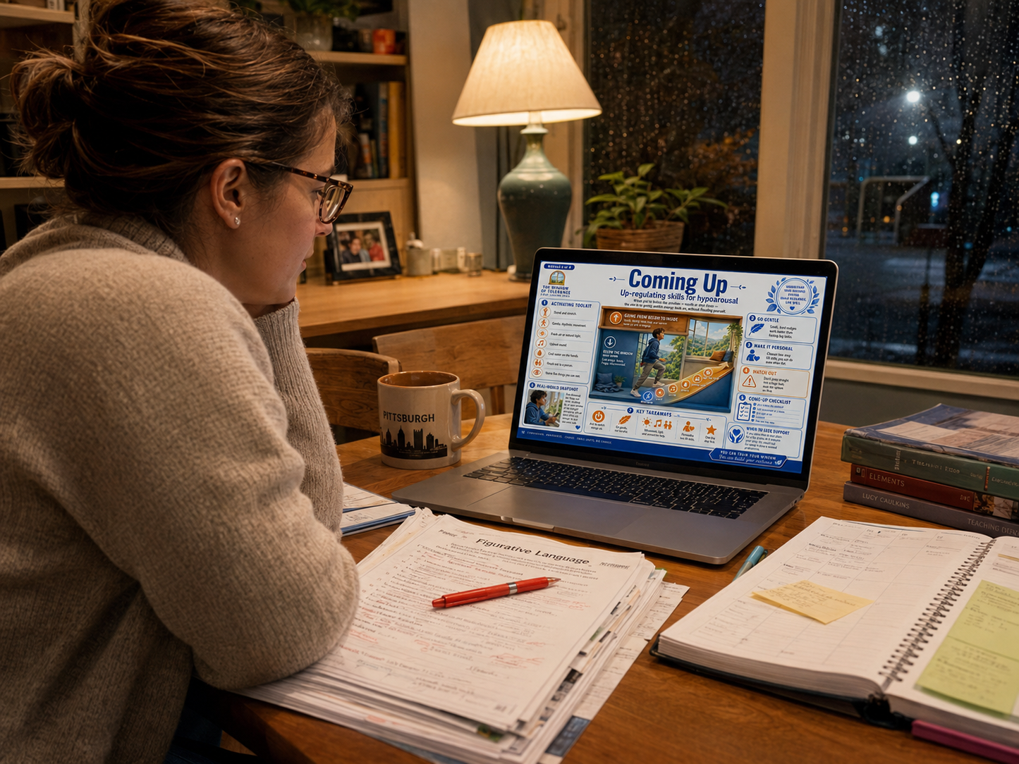 Person sitting at a desk with a laptop, books, and a mug in a home setting.
