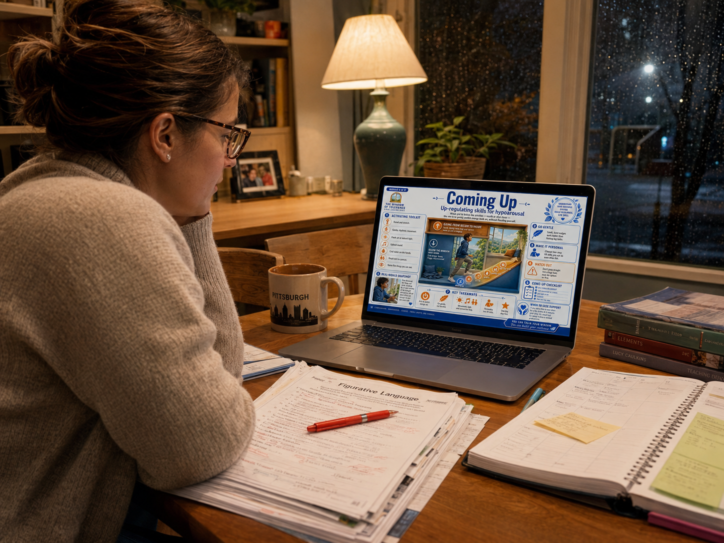 Person sitting at a desk with a laptop, books, and a mug in a home setting.