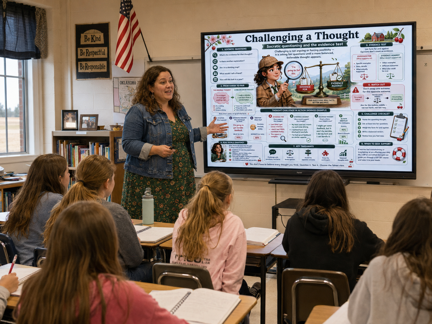 Teacher presenting to students in a classroom with a large screen displaying educational content.